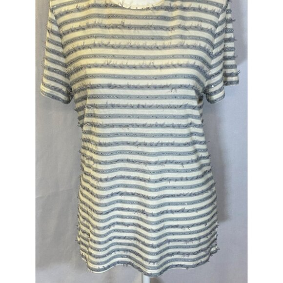 Talbots Womens Large Petite Shirt Thin Knit Sequins Sparkle Striped White Gray - Picture 3 of 7